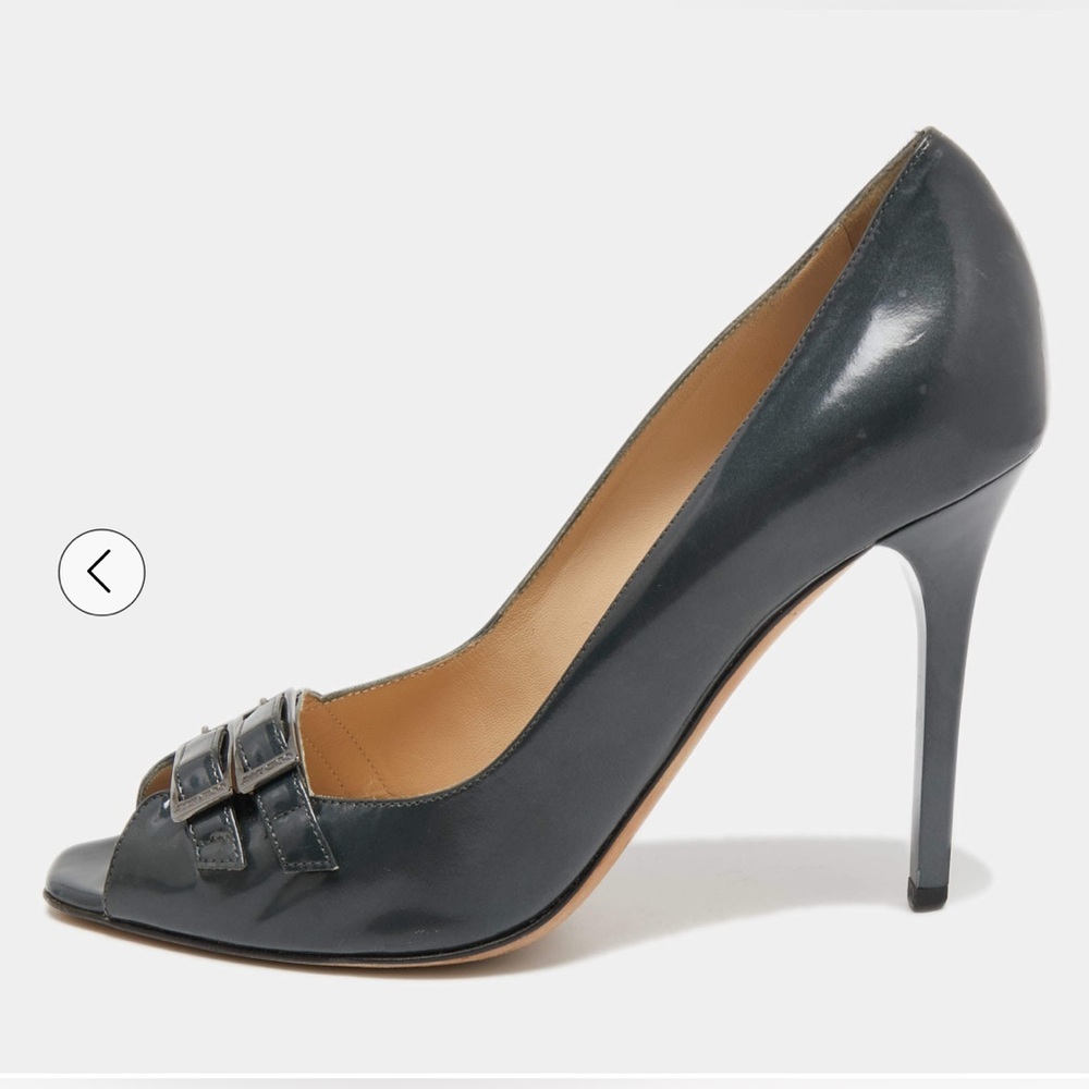 Jimmy Choo Metallic Gray Patent Leather Double Buckle Pumps
